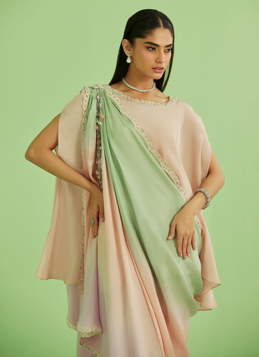Woman wearing a pastel pink and green saree against a light green background