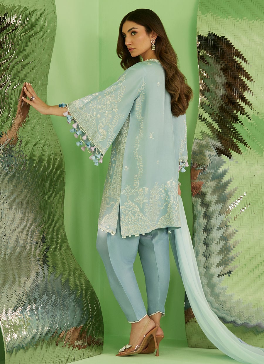 Woman in light blue embroidered outfit with long train against a green background
