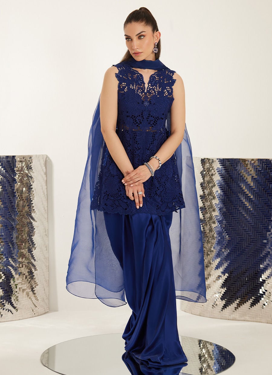 Woman wearing a blue embroidered outfit with a sheer overlay against a white background