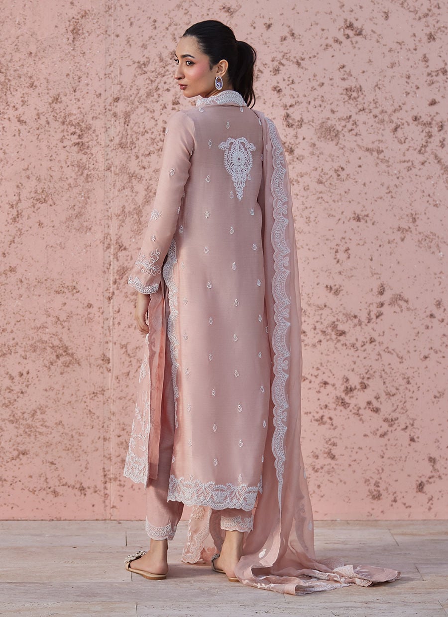 Woman wearing a light pink embroidered outfit against a matching background with back look.