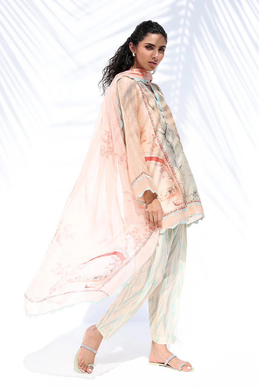 Woman wearing a floral outfit on a white background