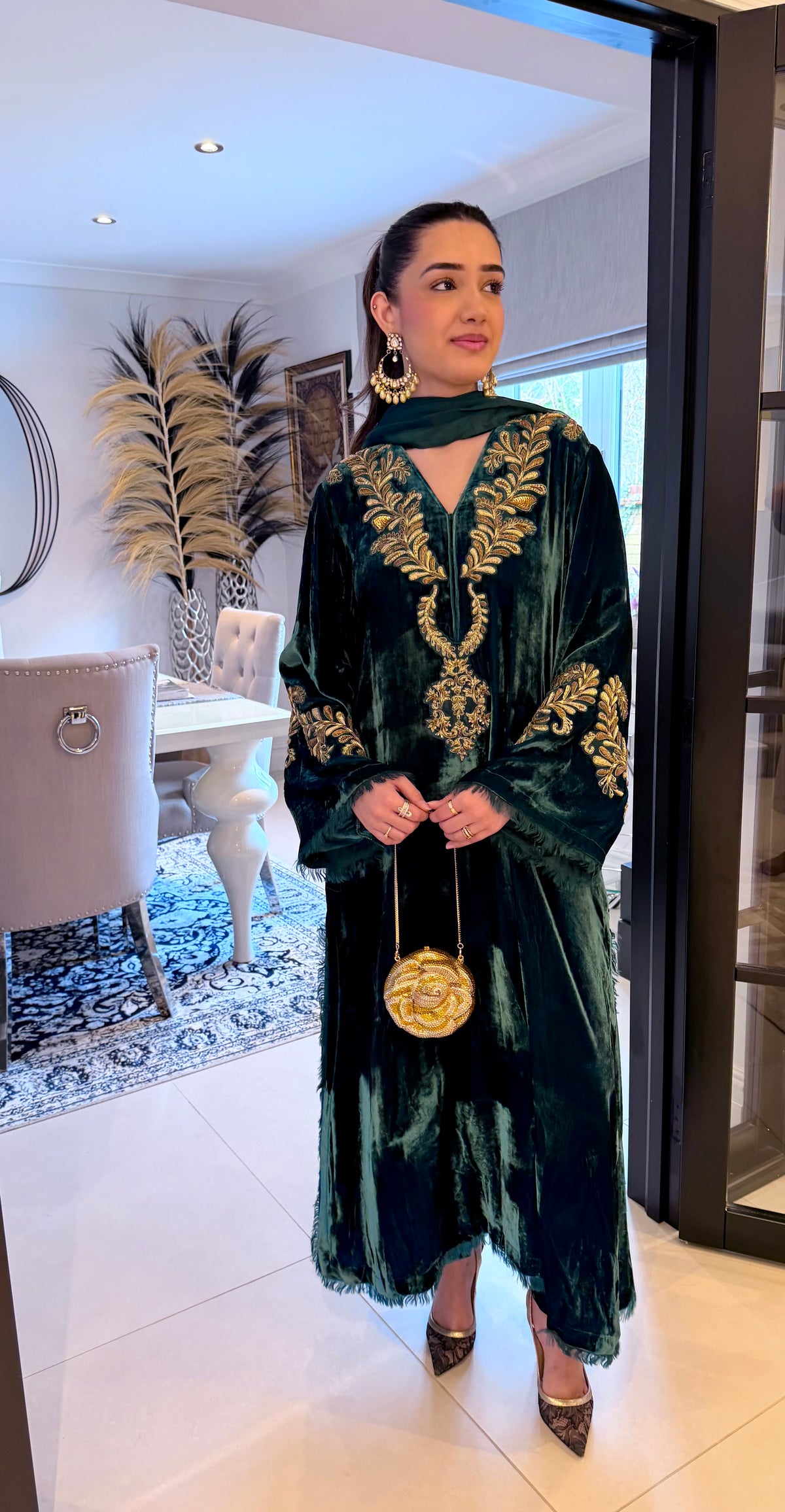 Emerald Green Velvet Ensemble (3-Piece) | Ayesha Somaya