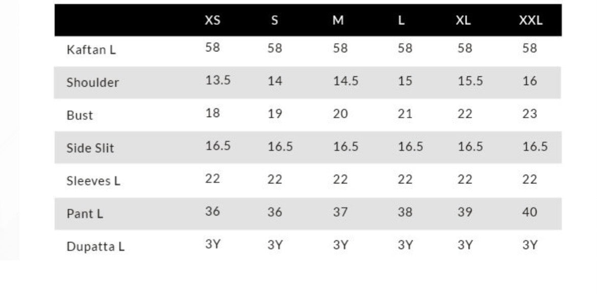 Measurement chart for Kaftan, Shoulder, Bust, Side Slit, Sleeves, Pant, and Dupatta sizes.
