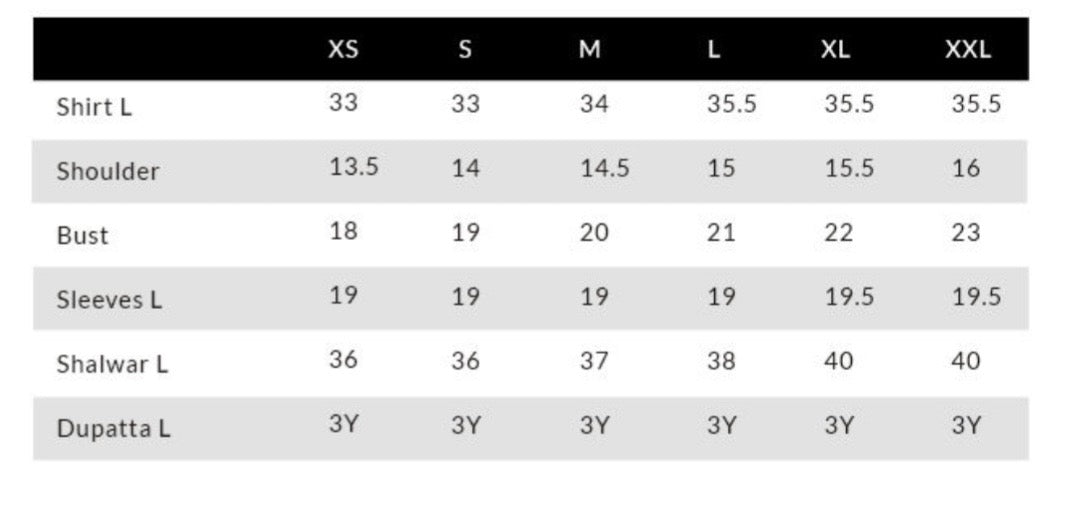Measurement chart for shirts, shoulders, busts, sleeves, shalwars, and dupattas with size labels.