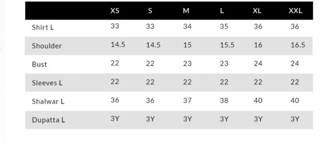 Measurement chart for shirts, shoulders, busts, sleeves, shalwars, and dupattas with size labels.