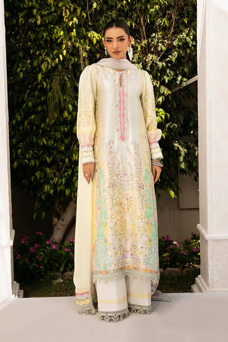 Woman wearing a traditional outfit with floral patterns in an outdoor setting.