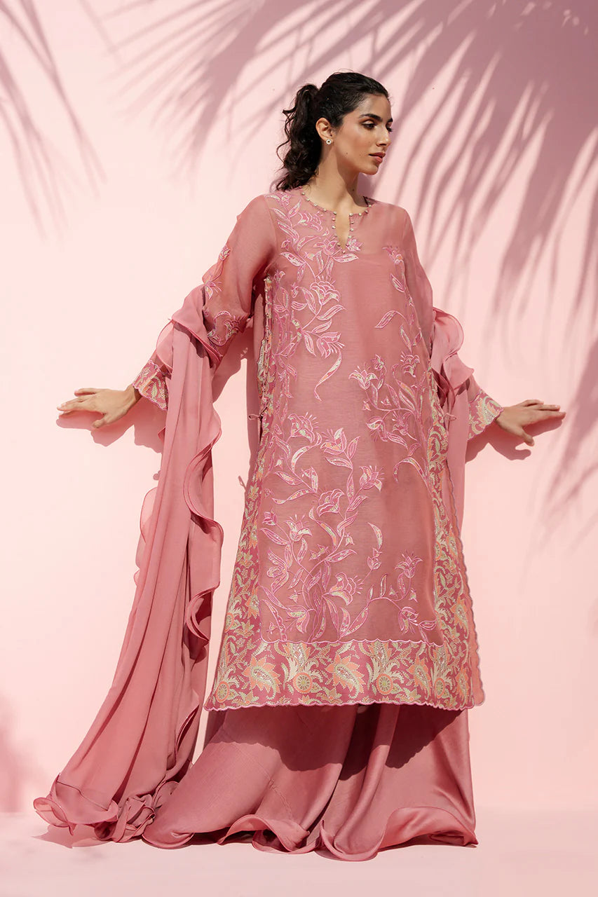 Woman wearing a pink embroidered traditional outfit on a pink background