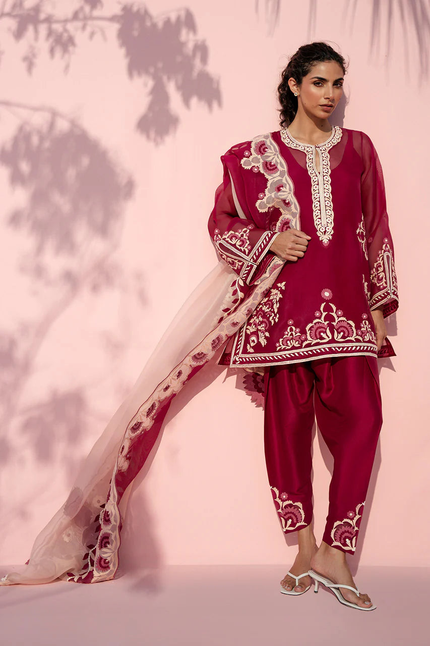 Woman wearing a red embroidered outfit with a white dupatta against a pink background