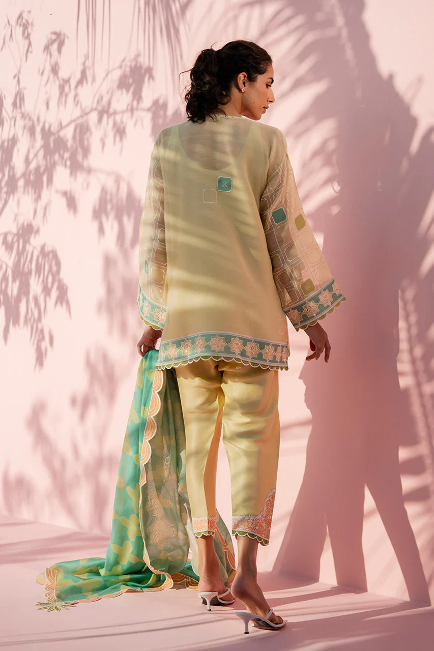 Woman in a light green traditional outfit with a pink background
