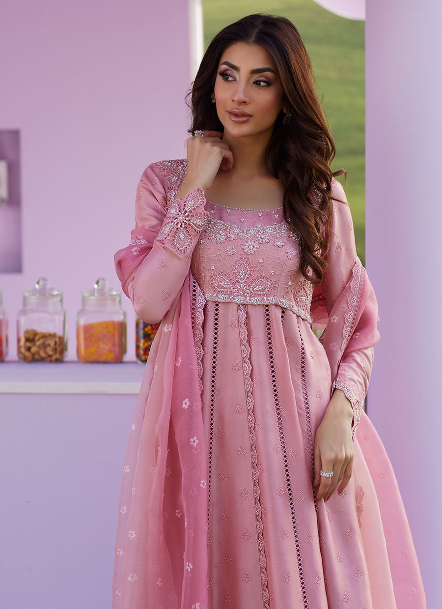 Woman wearing a pink embroidered traditional outfit with a blurred background