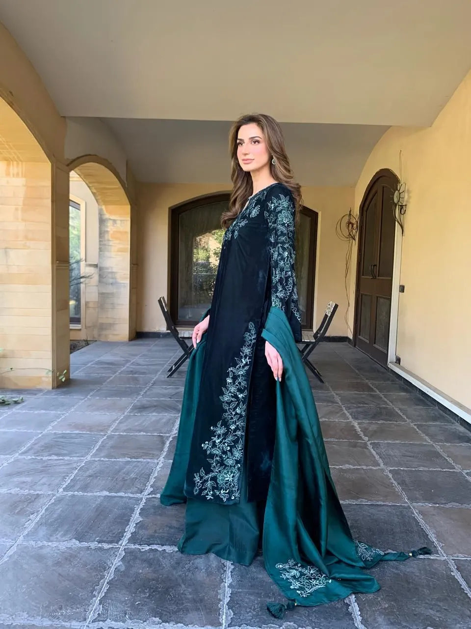 Elegant Black And Teal Embroidered Women’s Dress With Matching Dupatta