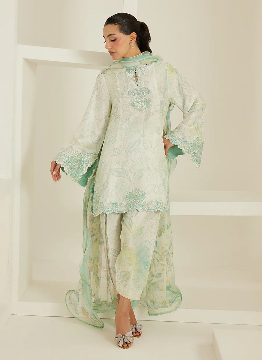Woman wearing a light green embroidered traditional outfit against a white background