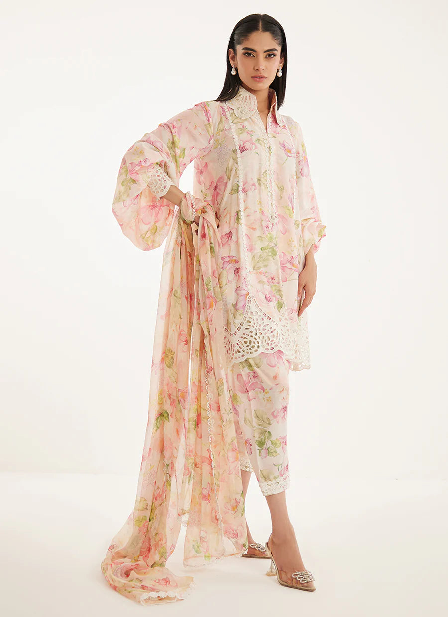 Woman wearing a floral dress with a white background