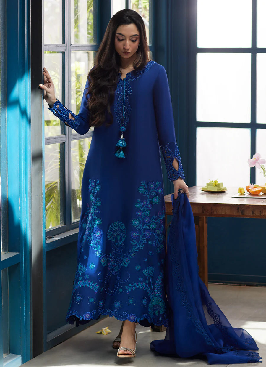 Woman in a blue embroidered dress standing in a room with large windows.