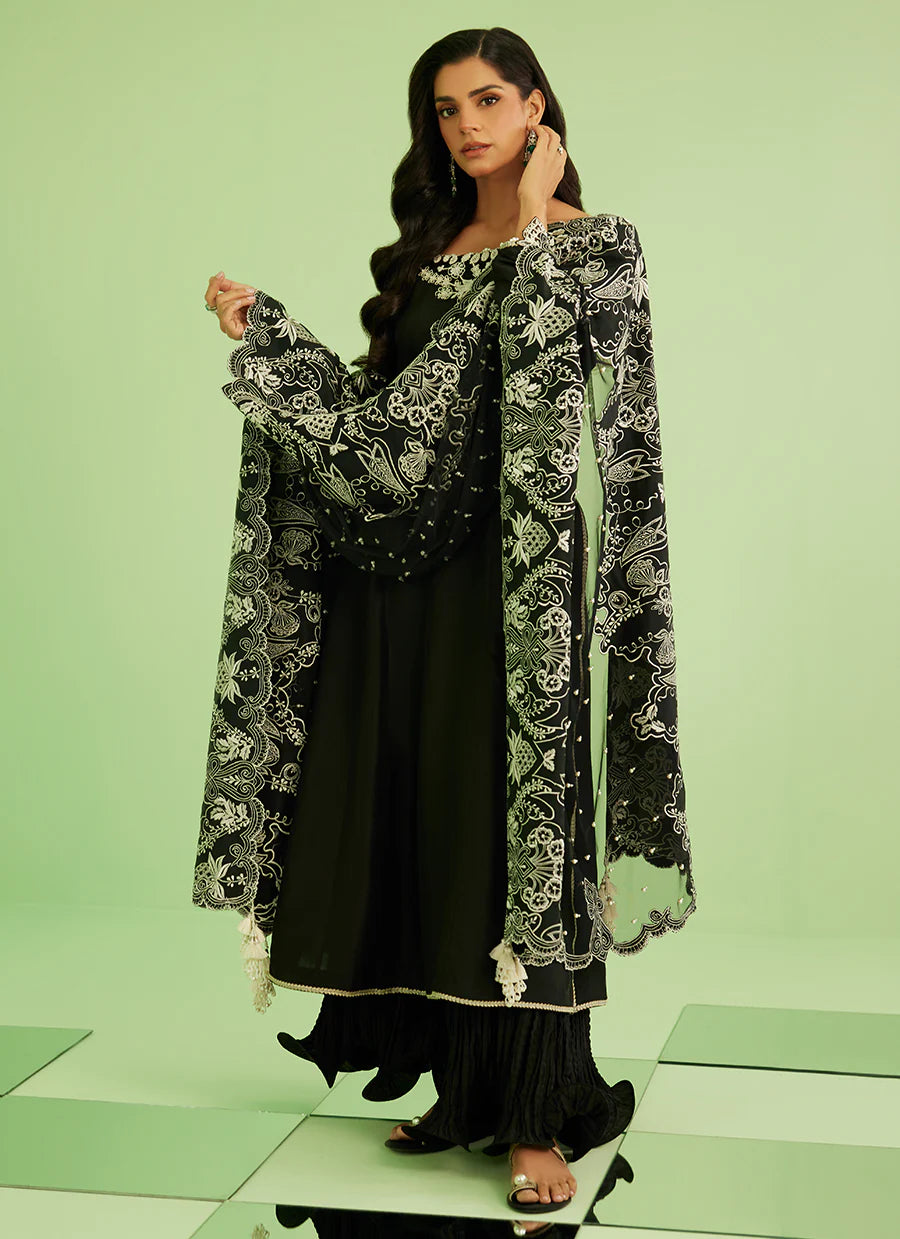Woman wearing a black outfit with intricate white embroidery against a light green background
