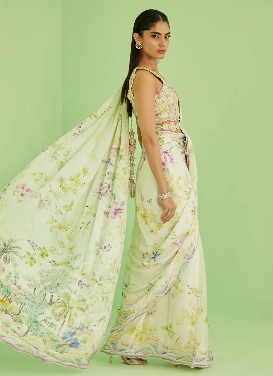 Woman wearing a floral saree with a green background