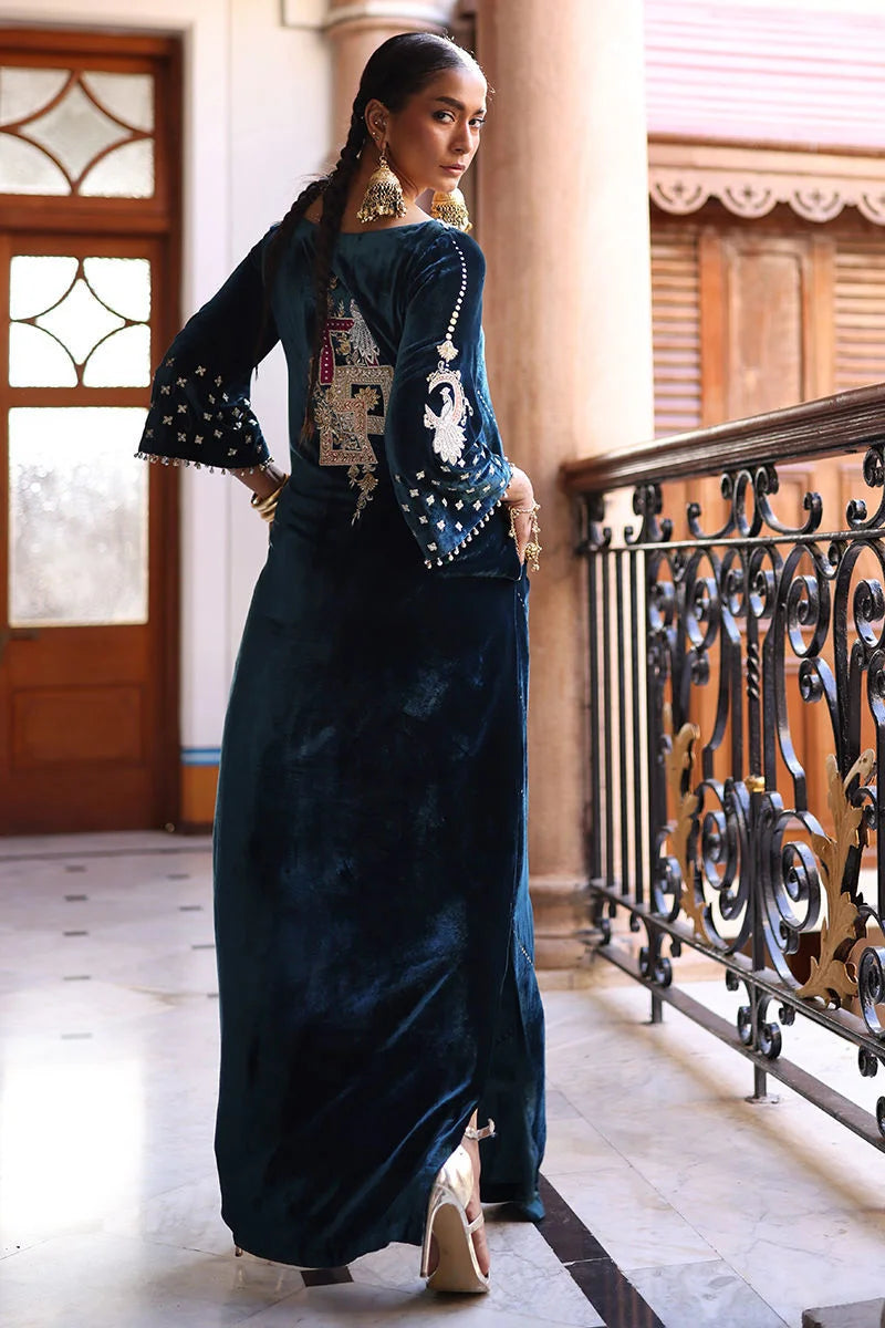 Woman in a dark blue saree with intricate patterns standing on a balcony.