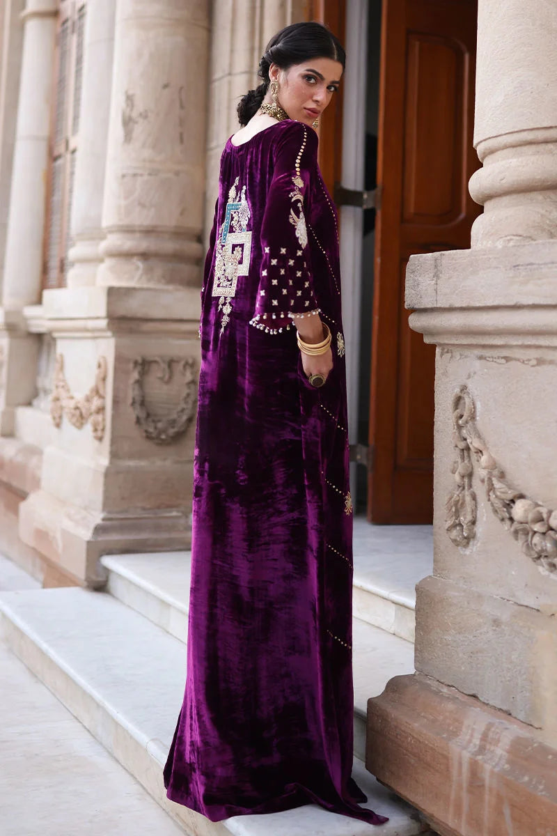 Woman in a purple velvet dress standing on steps of a classical building