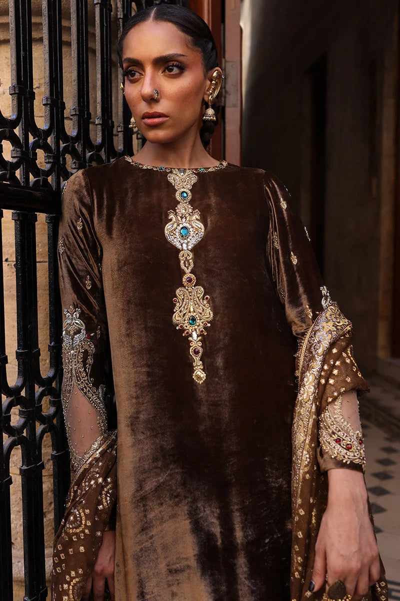 Woman wearing a brown embroidered dress with intricate patterns in an outdoor setting.