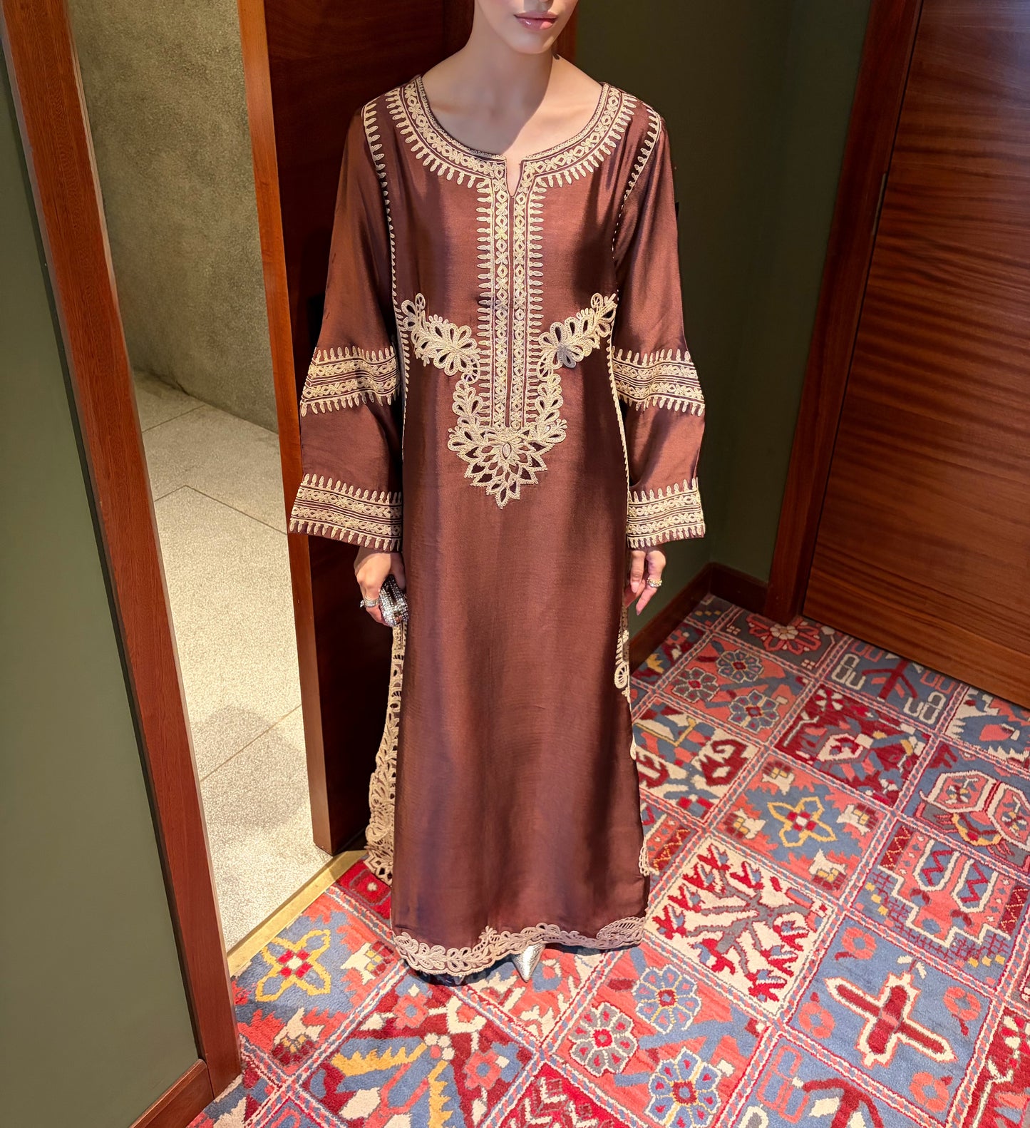 Brown Embroidered Kaftan Set