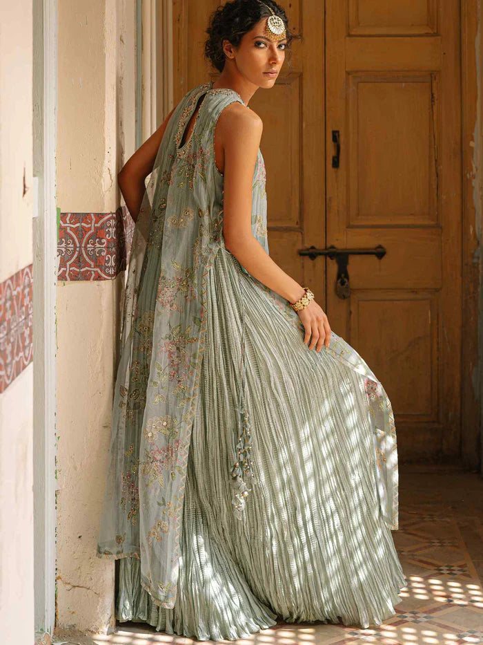 Woman in a light green saree with floral patterns standing in a sunlit room.