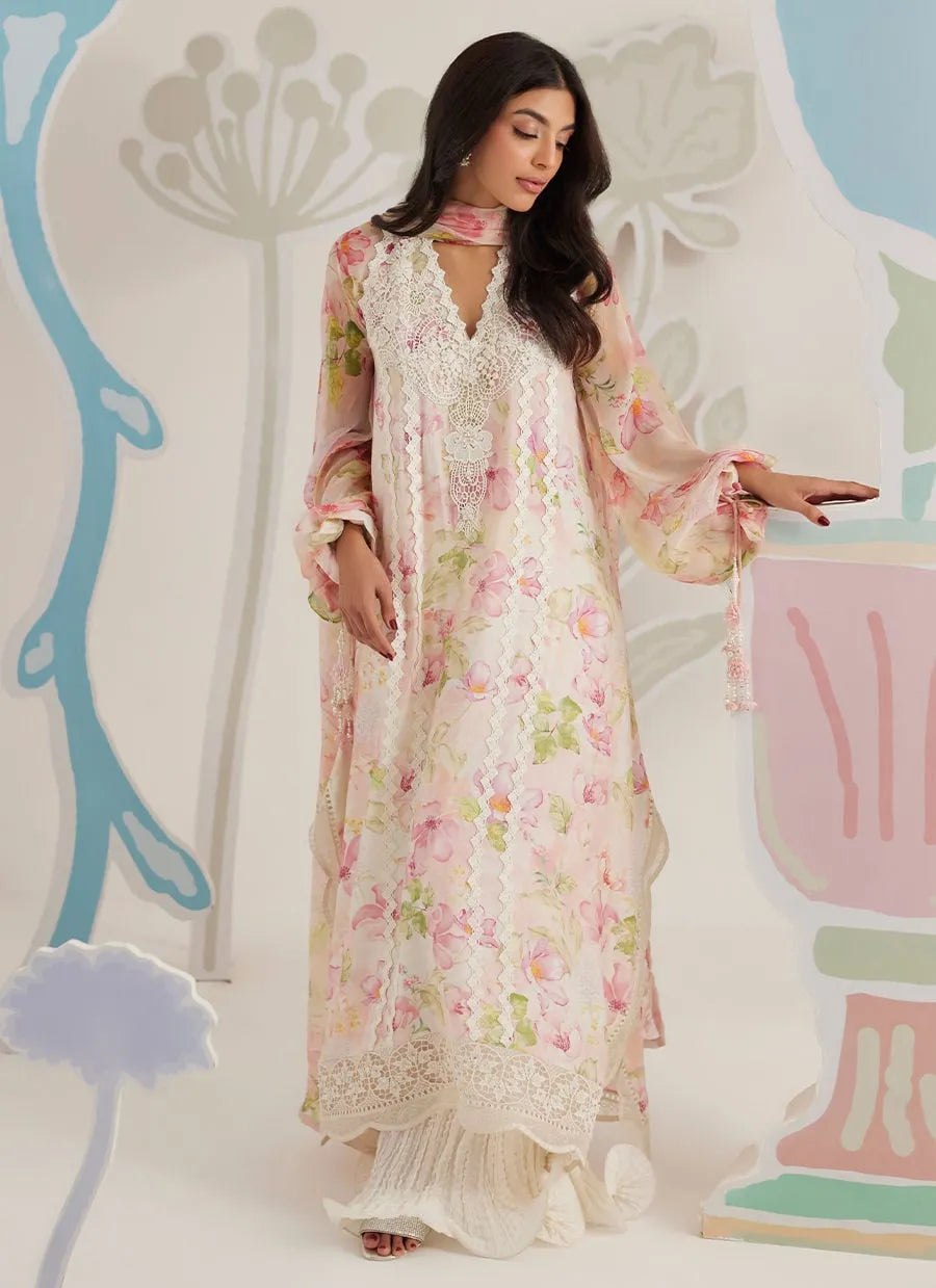 Woman wearing a floral dress with a decorative background