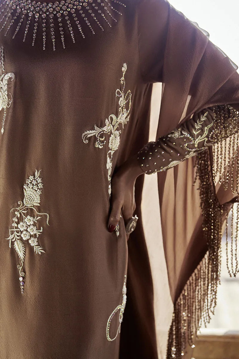 Brown embroidered garment with intricate designs and embellishments.