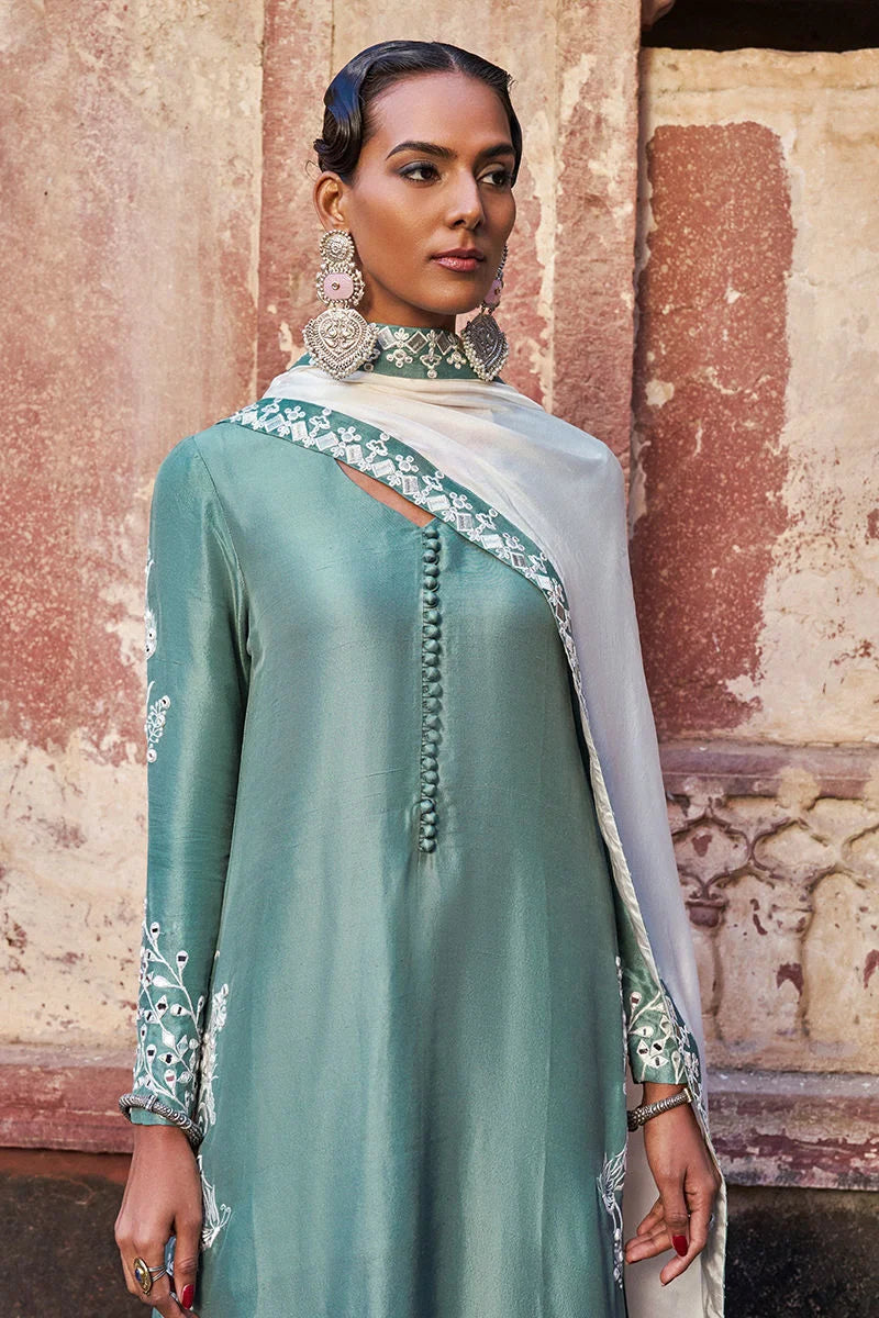 Woman wearing a traditional outfit with intricate embroidery in an outdoor setting.