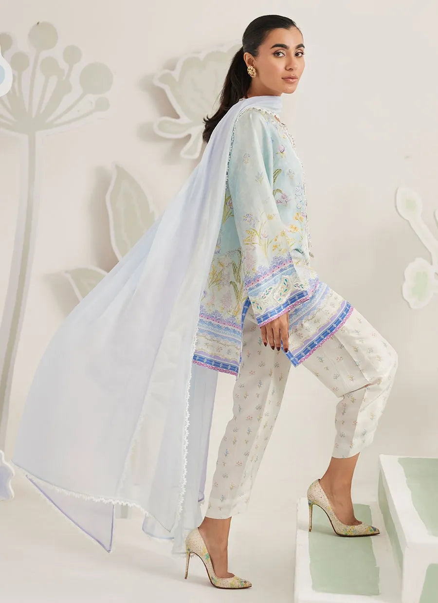 Woman in a light blue embroidered top and white pants with a sheer dupatta against a white background