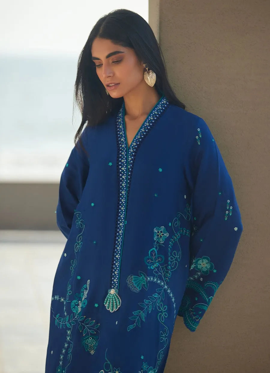 Woman wearing a blue embroidered dress with a neutral background