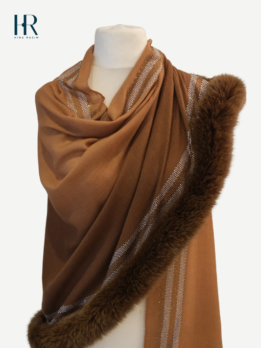 HR-Brown Faux Fur Shawl