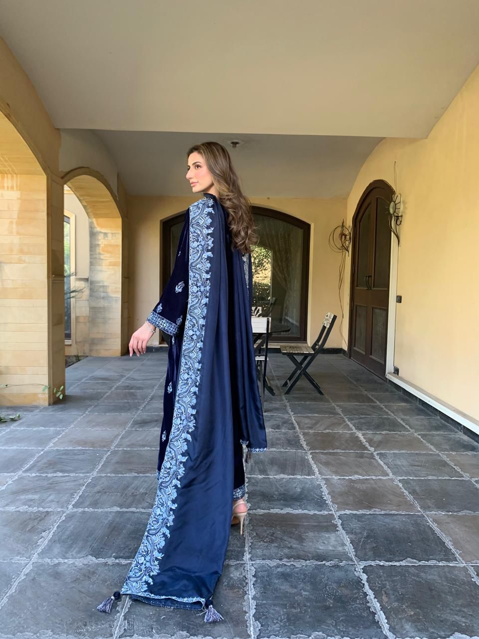 Navy Blue Velvet Long Kameez Set