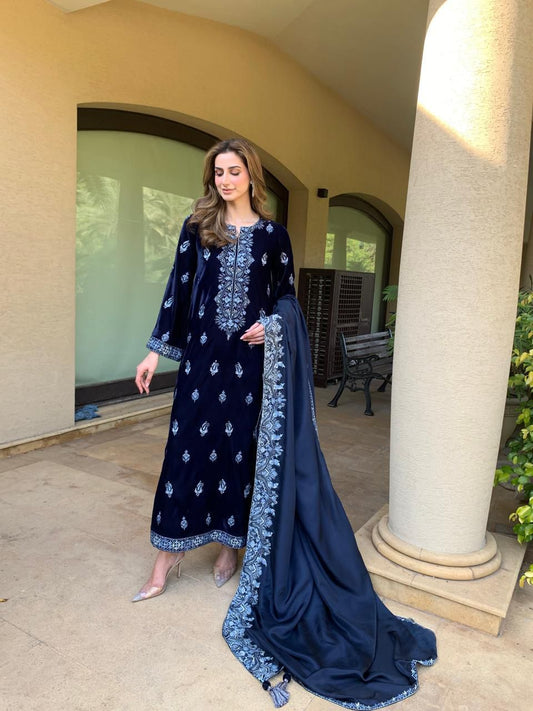 Navy Blue Velvet Long Kameez Set