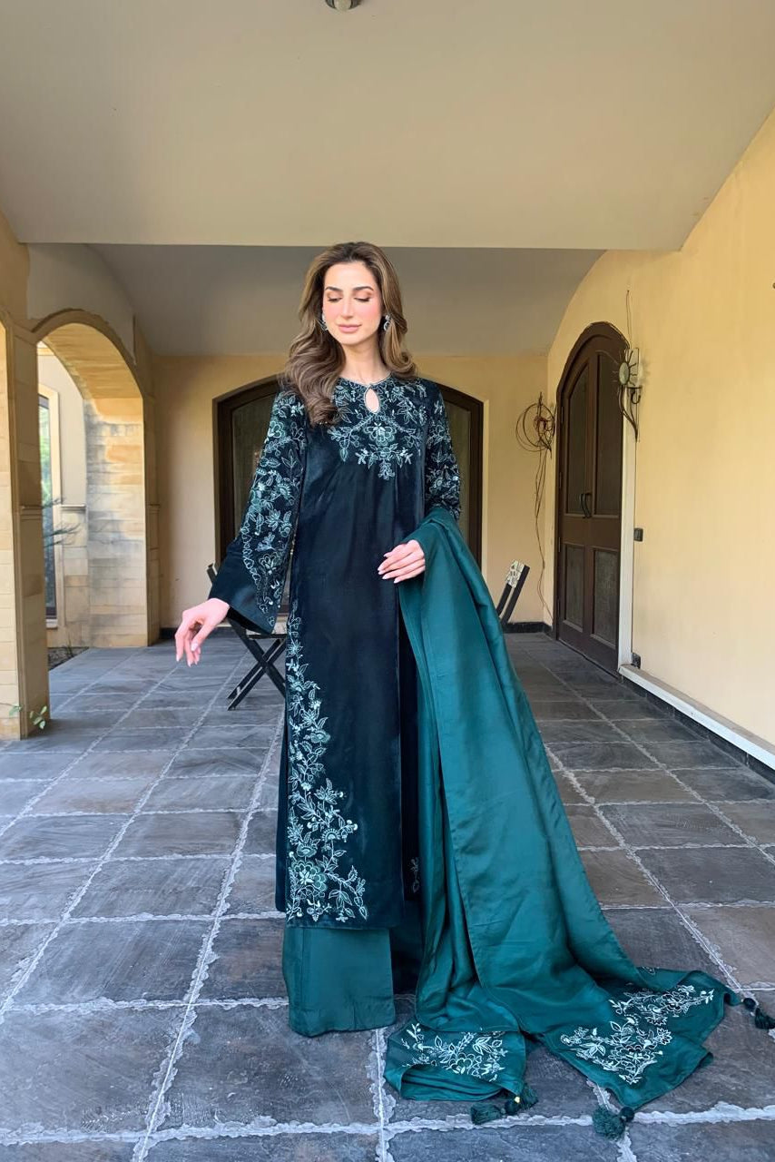 Elegant Dark Green Velvet Kameez Set