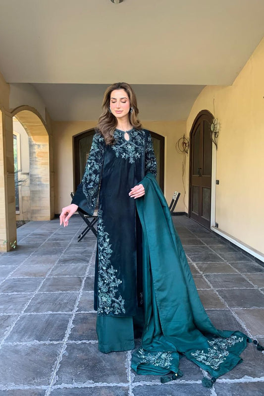 Elegant Dark Green Velvet Kameez Set