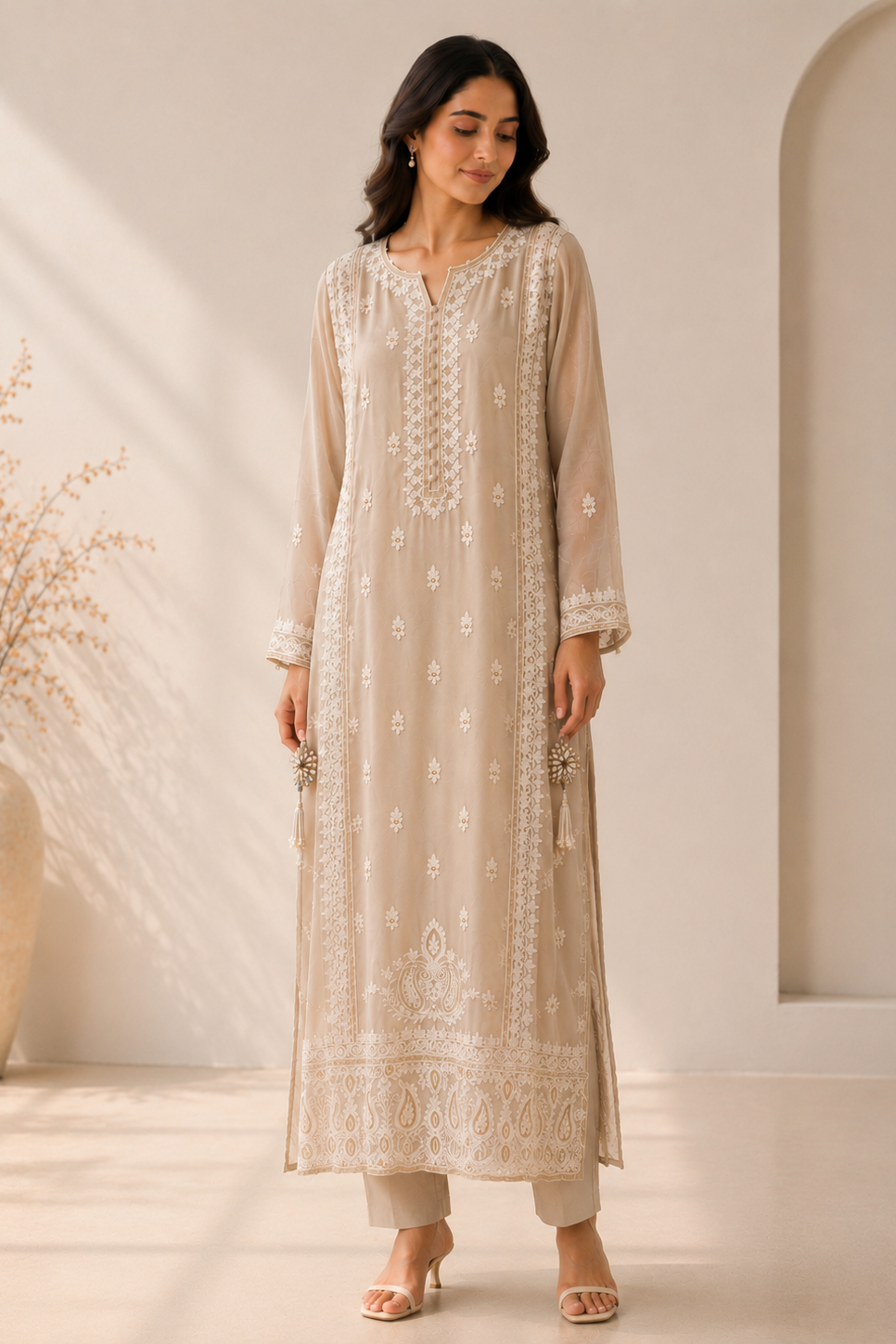 Embroidered kaftan, pants and dupatta included