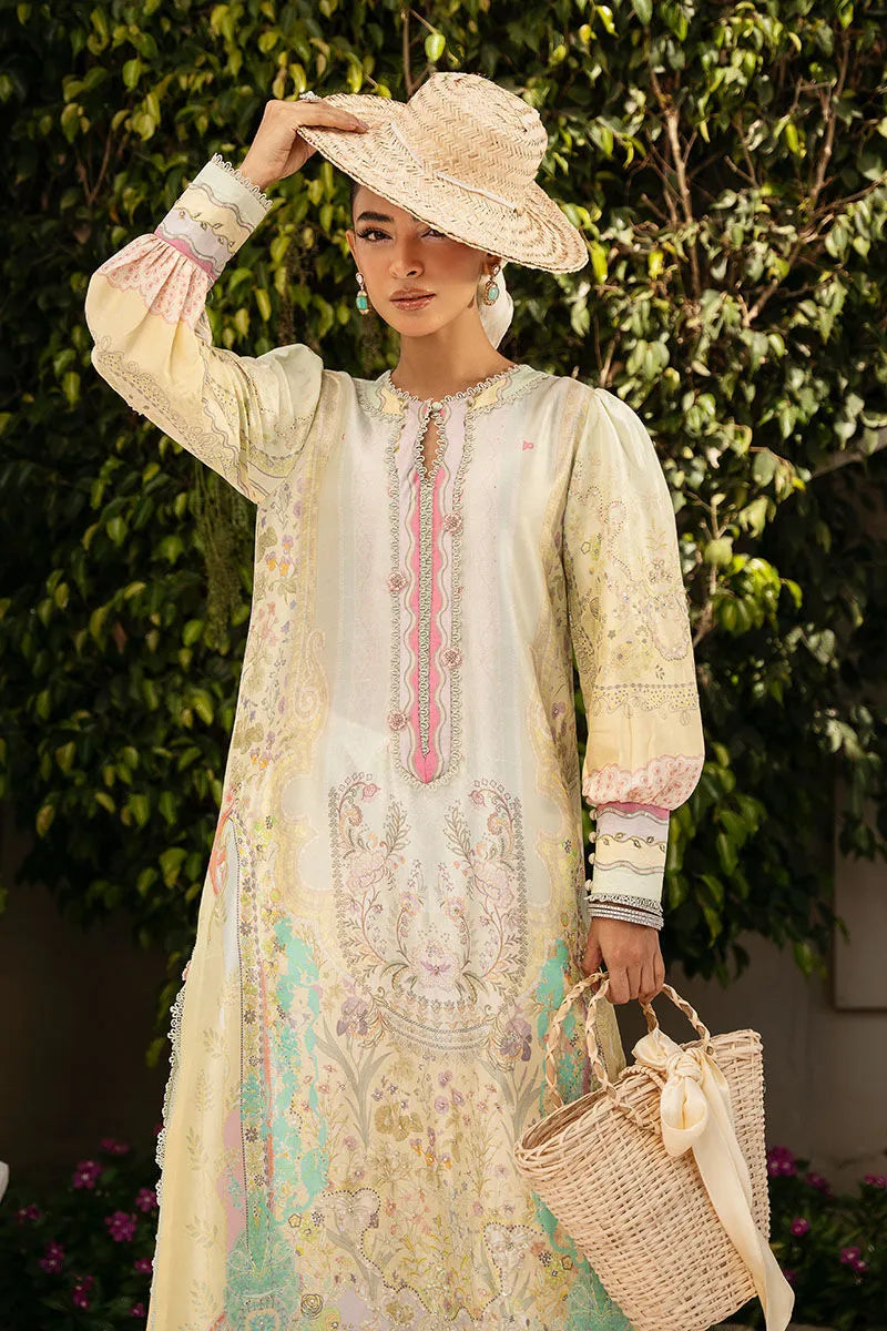 Woman in an embroidered dress holding a hat and basket outdoors.
