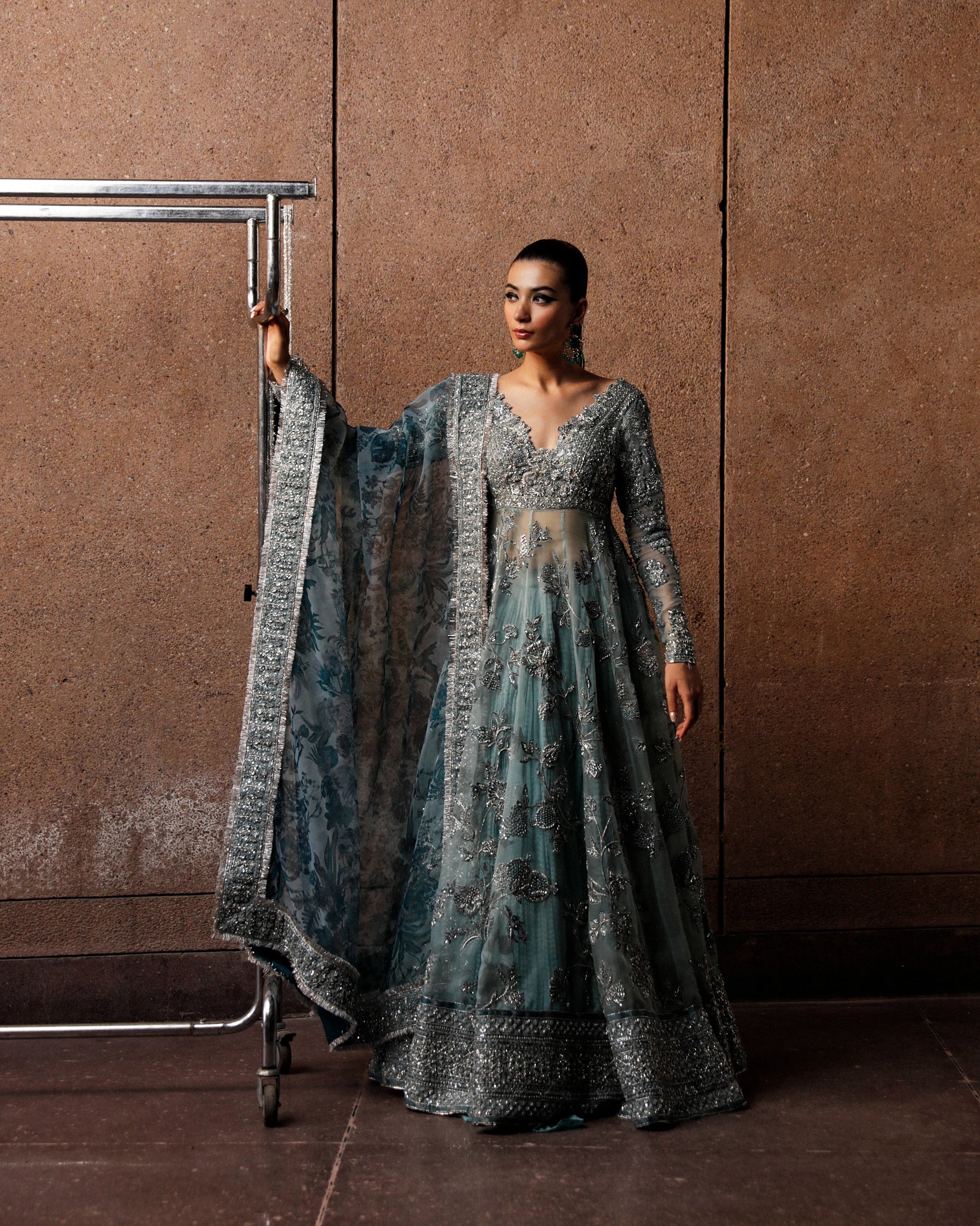 Woman in a long, elegant dress with intricate patterns against a brown wall.