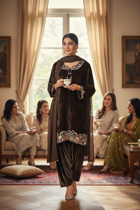 Hina Rasim -  Brown Velvet Farshi Shalwar Suit