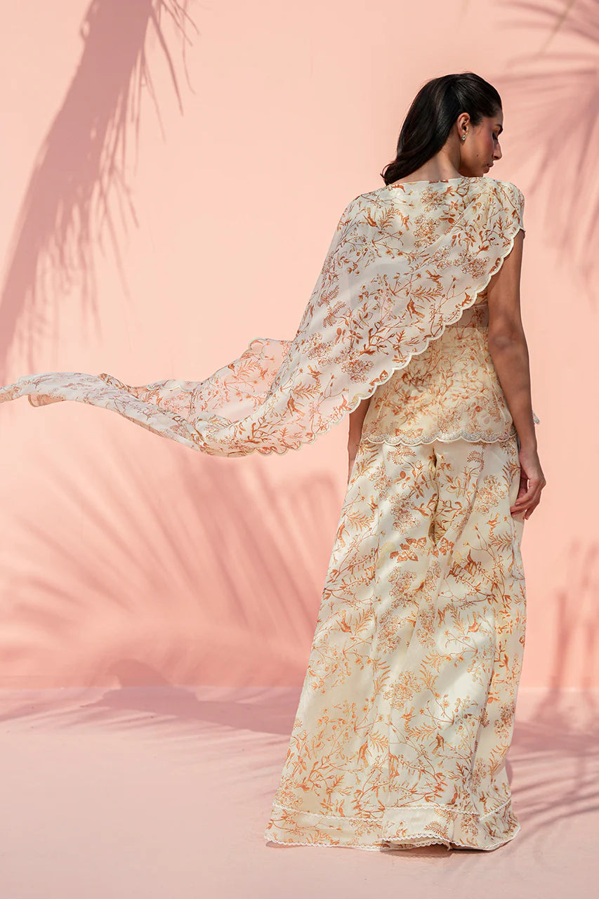 Woman wearing a floral saree with a light pink background