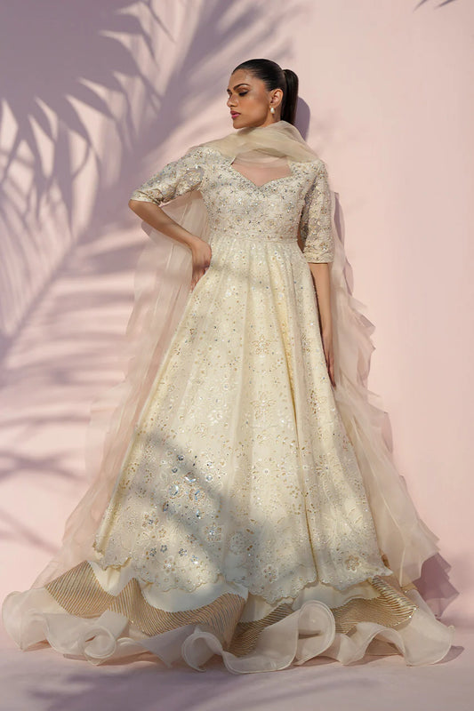 Woman wearing a light-colored embroidered gown with a sheer dupatta against a pink background