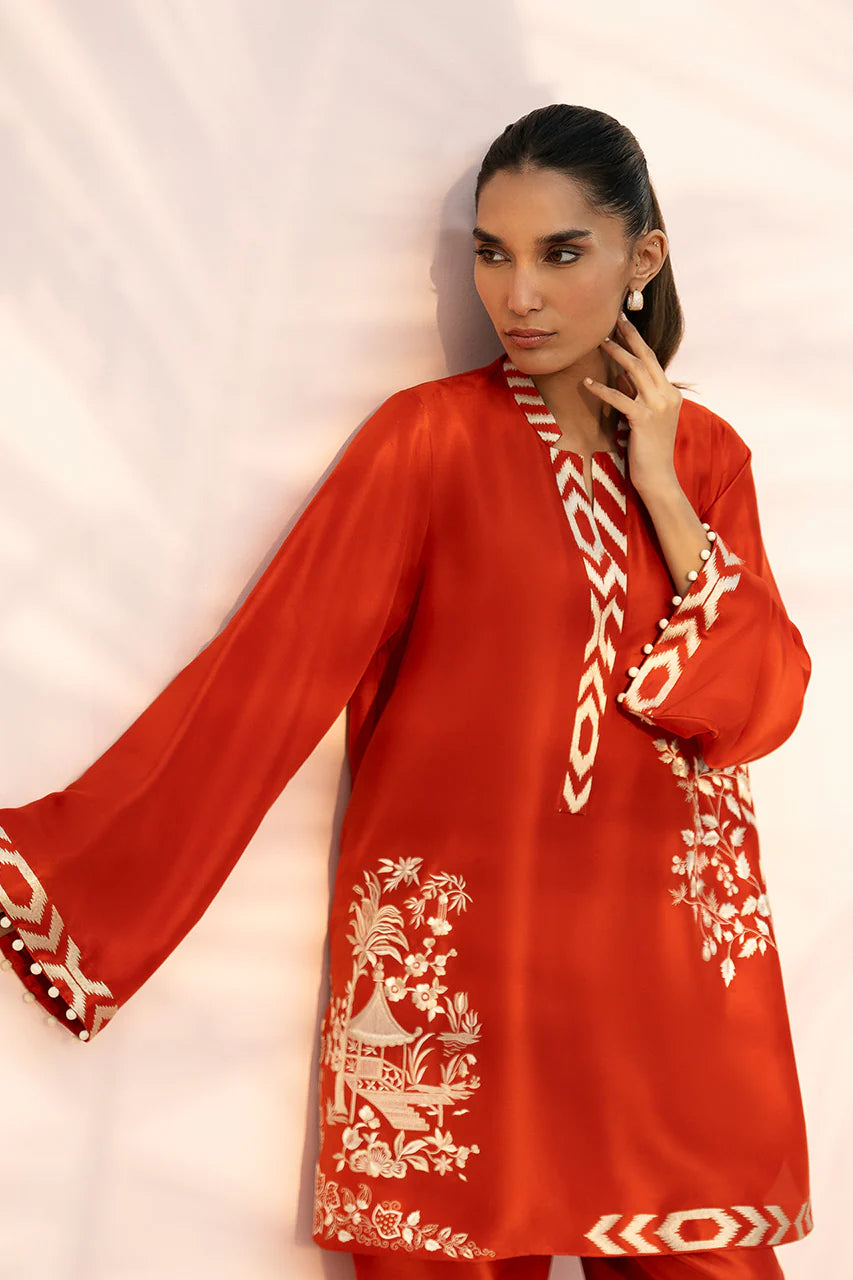 Red embroidered dress worn by a model on a white background