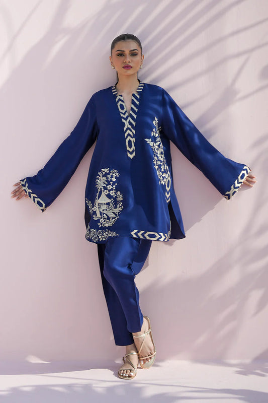 Woman wearing a blue embroidered outfit against a light pink background