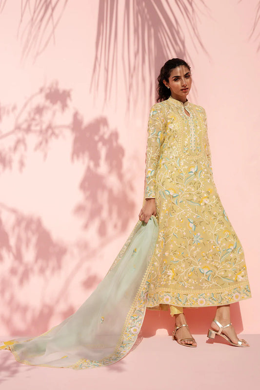 Woman in a yellow floral outfit with a light blue dupatta against a pink background