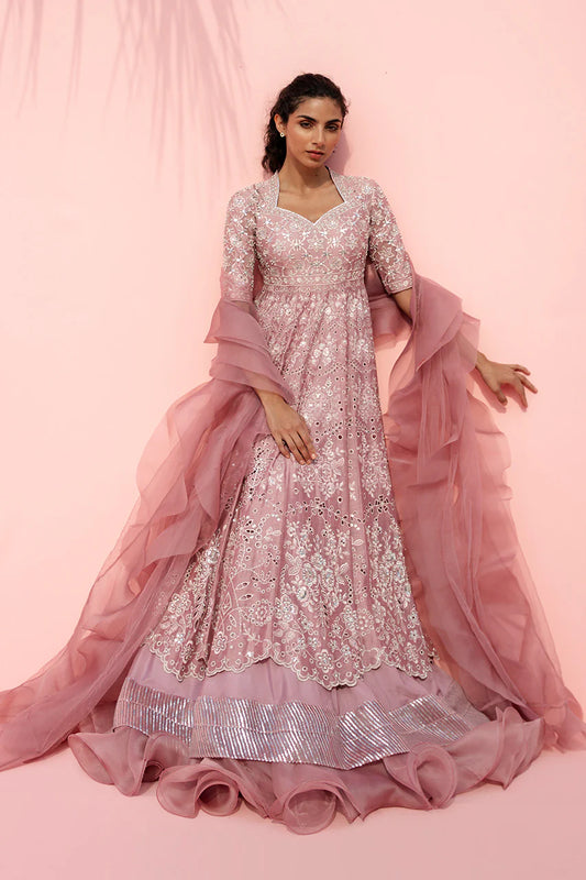 Woman in a pink and silver traditional outfit with a flowing shawl against a pink background