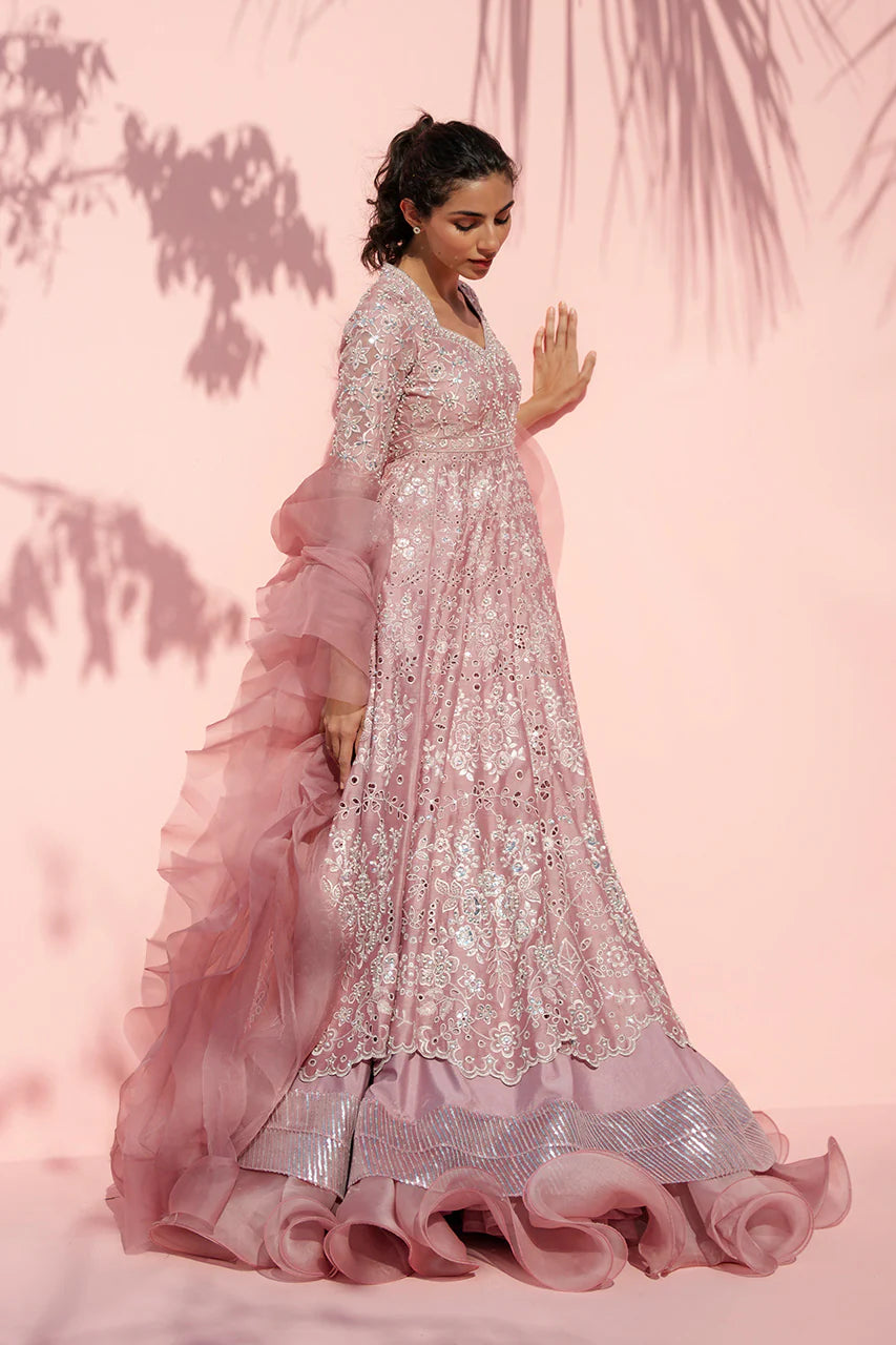 Woman in a pink and silver embroidered gown against a pink background