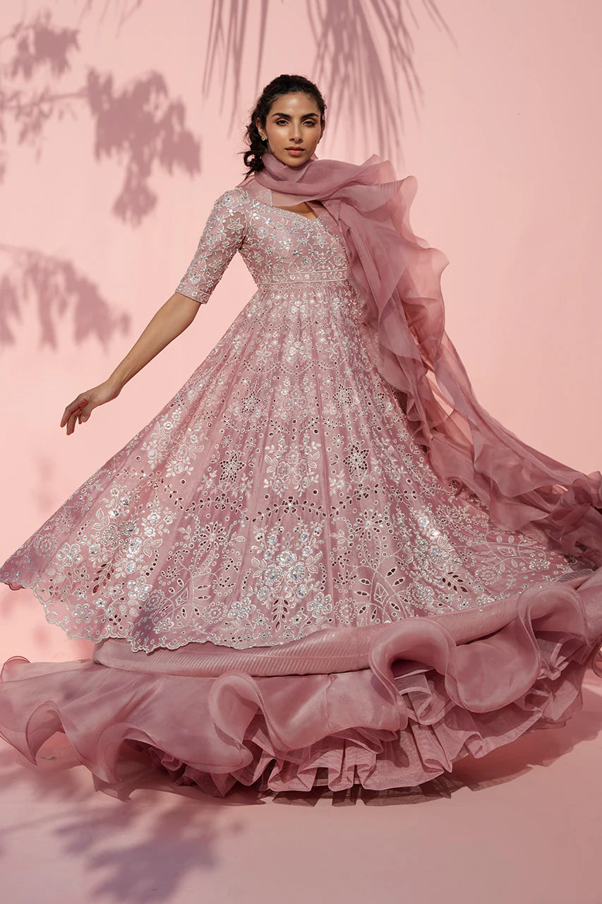Woman in a pink embroidered gown with a matching dupatta against a pink background