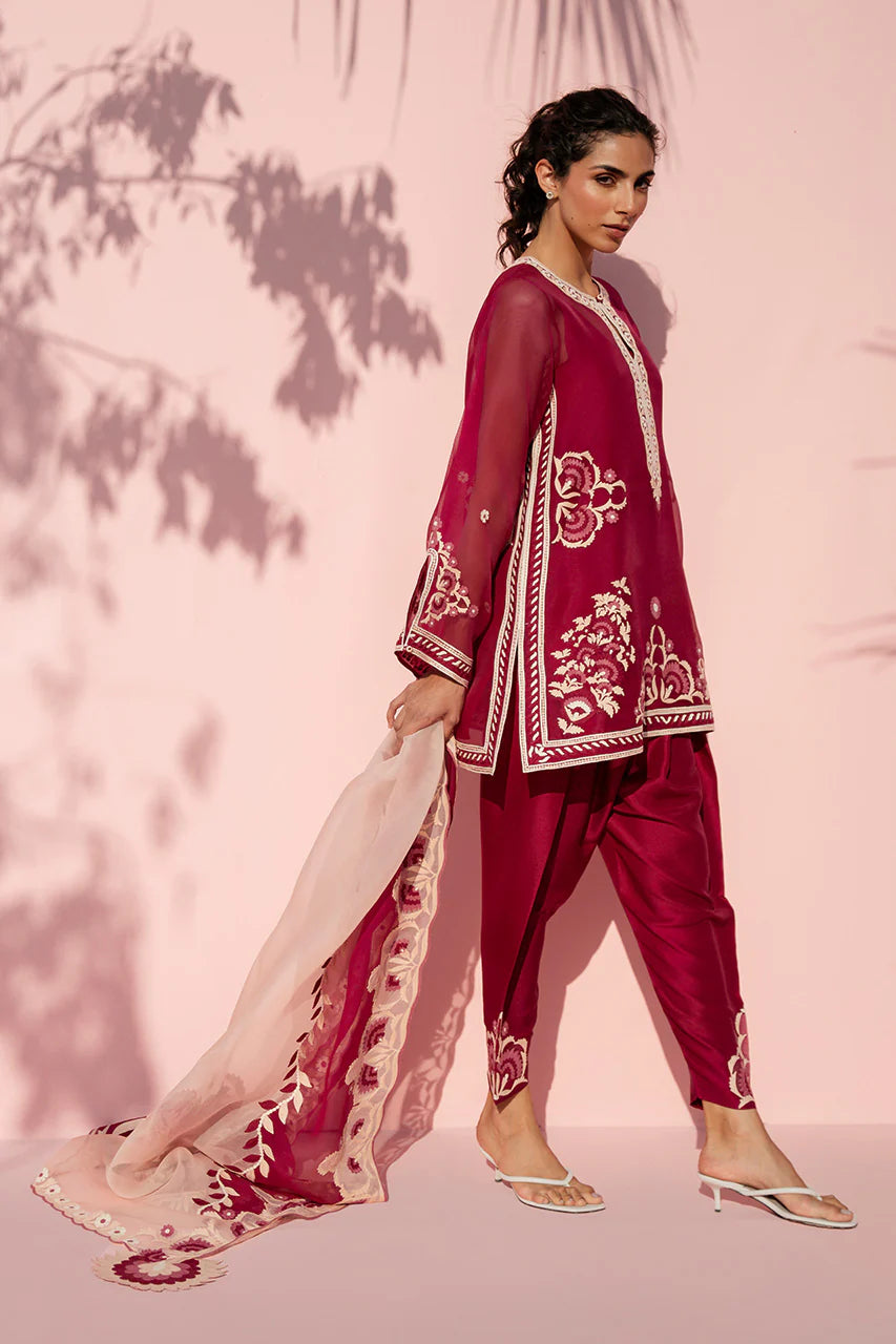 Woman in a maroon traditional outfit with white embroidery against a pink background