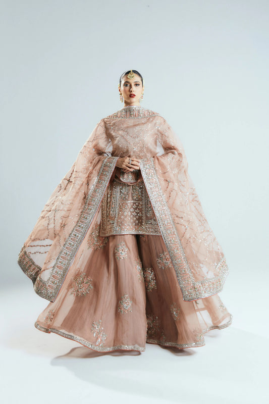 Traditional pink embroidered outfit on a white background