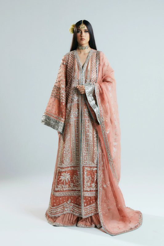 Woman wearing a traditional outfit with a pink and white patterned dress on a white background